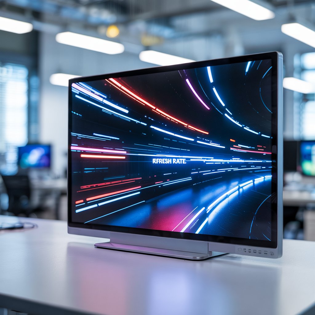 A photograph of a modern LED display screen showing a dynamic, fast-paced animation with streaks of vibrant colors.